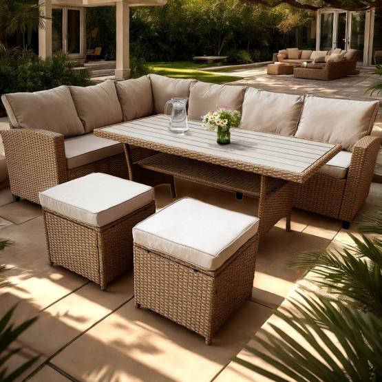 Sodo baldų komplektas - Kampinė sofa, Stalas, ir Pufai | TARMAR BEIGE