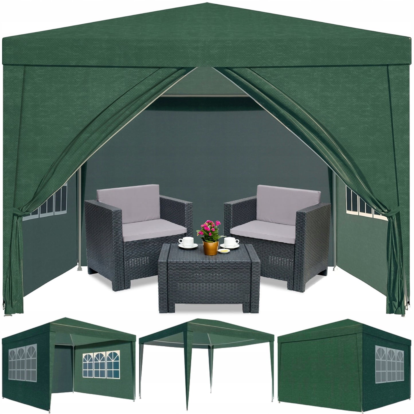 Sodo Pavėsinė 3x3 m su 4 sienelėmis ir langais – UV50 apsauga