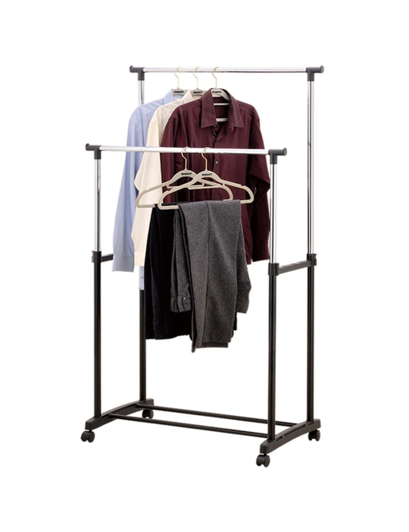 Dvigubas drabužių stovas su ratukais ir batų lentyna