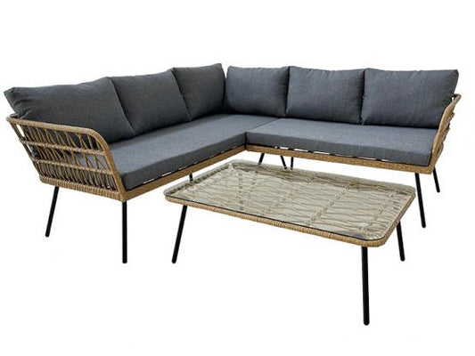 Sodo baldų komplektas TARMAR – kampinė sofa + kavos staliukas, rudos spalvos, su pilkais pagalvėlėmis