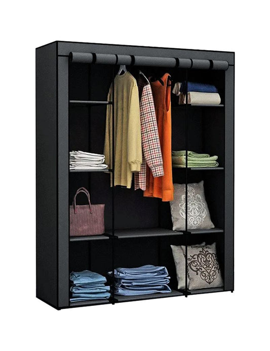 Tekstilinė spinta su 10 lentynų ir kabykla juoda