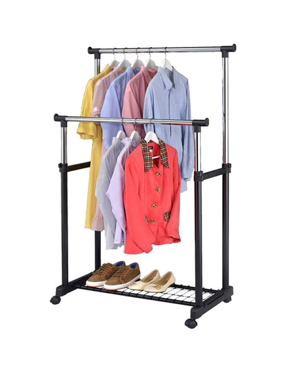 Dvigubas drabužių stovas su ratukais ir batų lentyna