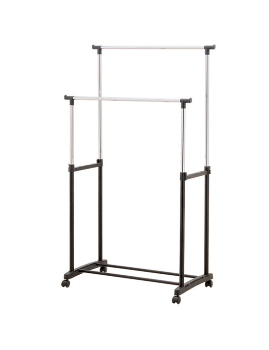 Dvigubas drabužių stovas su ratukais ir batų lentyna