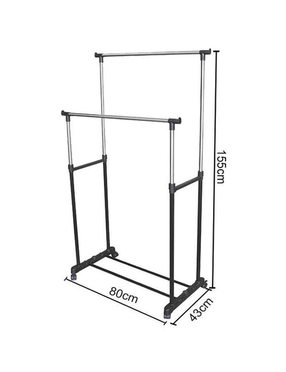 Dvigubas drabužių stovas su ratukais ir batų lentyna