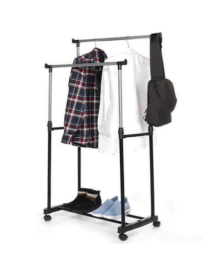 Dvigubas drabužių stovas su ratukais ir batų lentyna